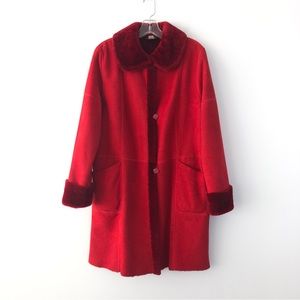Madeleine Genuine Shearling Mid-Length Coat in Red Warm Winter Real Lambskin